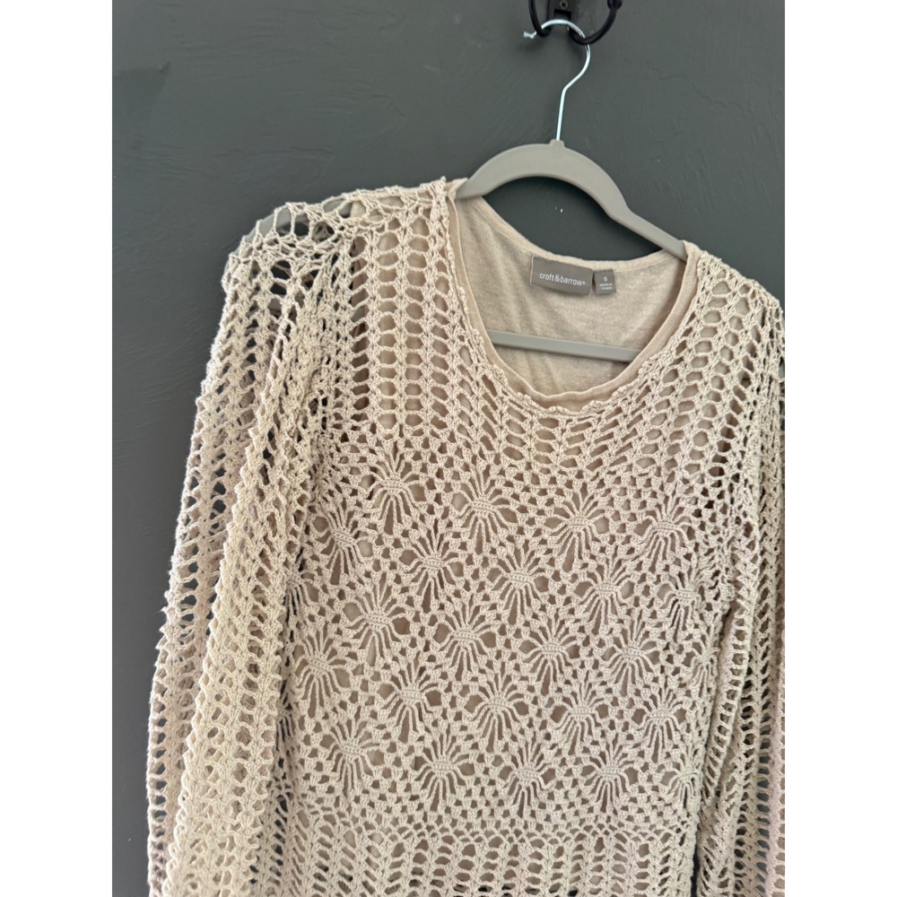 Croft & Barrow Cottage Small Beige Crochet Knit Lined Sweater Scalloped Hem Tan - Picture 2 of 7